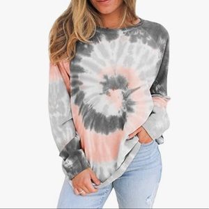Womens Fashion Grey/Pink Tie Dye Crewneck Casual Long Sleeve Pullover Shirt.